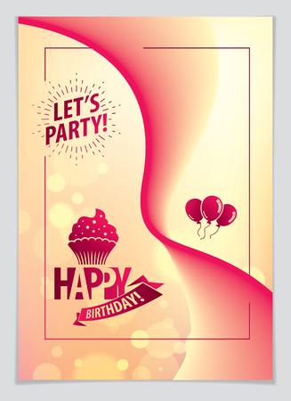 Birthday joyful and bright vector greeting card. Includes lettering composition and balloons combined with wavy fluid colorful shape abstract background. A4 format with CMYK colors acceptable for print.のイラスト素材
