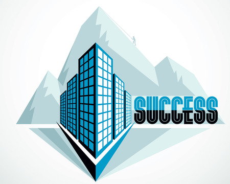Rock climber as a concept of reaching goal of success behind of modern architecture business office building. Career concept. Vector illustration. Real estate realty center, futuristic facade.のイラスト素材