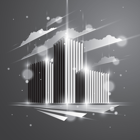 Futuristic building, modern style vector architecture illustration with blurred lights and glares effect. Real estate realty business center grey monochrome design. 3D business office facade in city.のイラスト素材