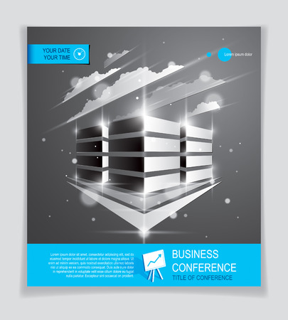 Office building brochure, modern architecture vector with blurred lights and glares effect. Real estate business center blue design. 3D futuristic facade business conference print template.のイラスト素材