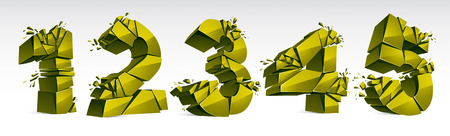 3D realistic green numbers set 1 2 3 4 5 vector illustration, breaking to pieces digits over white symbols collection.のイラスト素材