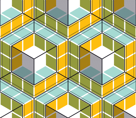 Geometric cubes abstract seamless pattern, 3d vector background. Technology style engineering line drawing endless illustration. Usable for fabric, wallpaper, wrapping, web and print.のイラスト素材