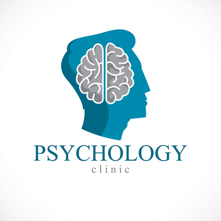 Psychology concept vector logo or icon created with human anatomical brain inside of man face profile, mental health concept, psychoanalysis analysis and psychotherapy.のイラスト素材