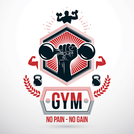 Graphic vector sign created with strong athlete biceps arm, dumb-bell and kettle bell sport equipment. Bodybuilding weightlifting gym symbol sport templateのイラスト素材