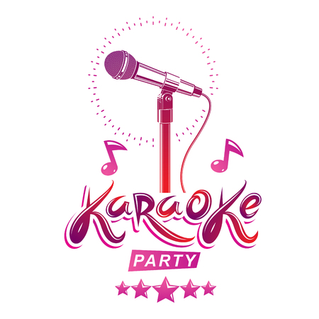 Karaoke party invitation poster, live music vector concert advertising leaflet composed using stage or recorder microphone and musical notes.のイラスト素材