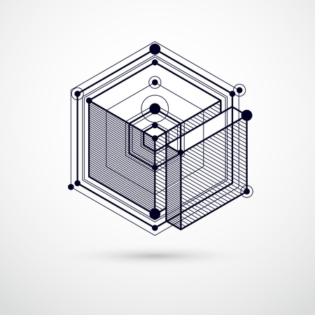 Mechanical scheme. Black and white vector engineering drawing with 3D cubes and geometric elements.のイラスト素材