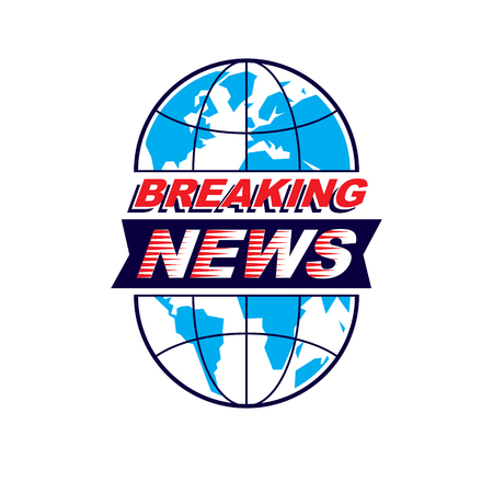 Breaking international news concept, blue Earth divided with meridians vector emblem.のイラスト素材