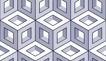 Geometric cubes abstract seamless pattern, 3d vector background. Technology style engineering line drawing endless illustration. Usable for fabric, wallpaper, wrapping, web and print.のイラスト素材