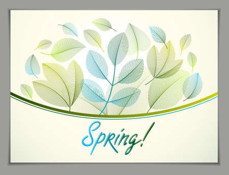 Spring horizontal banner design, vector green and fresh leaves floral beautiful background, Spring Sale, advertising poster, brochure or flyer design. Stylish classy botanical drawing, environment.のイラスト素材