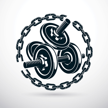 Dumbbell and disc weight vector illustration surrounded by iron chain. Cross fit and bodybuilding sport equipment.のイラスト素材