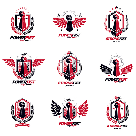 Set of vector symbols created with clenched fist of athletic man, eagle wings, pentagonal stars and different graphic elements.のイラスト素材