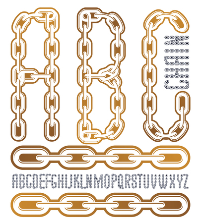 Vector condensed, tall font. Trendy typescript can be used in art creation. Upper case creative letters, abc  made with steel chain link, joined link.のイラスト素材