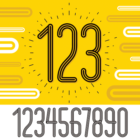 Set of stylish retro vector digits, modern numerals collection. Trendy thin, narrow numerals from 0 to 9  can be used in poster creation. Made with geometric parallel triple lines.のイラスト素材