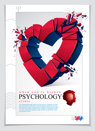 Broken Heart concept breakup, 3D realistic vector illustration of heart symbol exploding to pieces, flyer or brochure for psychology clinic, consultation and therapy. Creative idea of breaking love.のイラスト素材