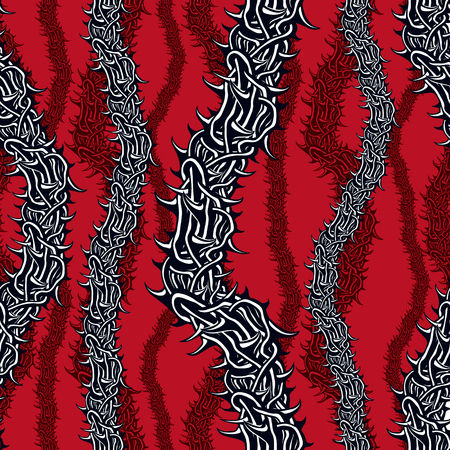 Horror art style seamless pattern, vector background. Blackthorn branches with thorns stylish...