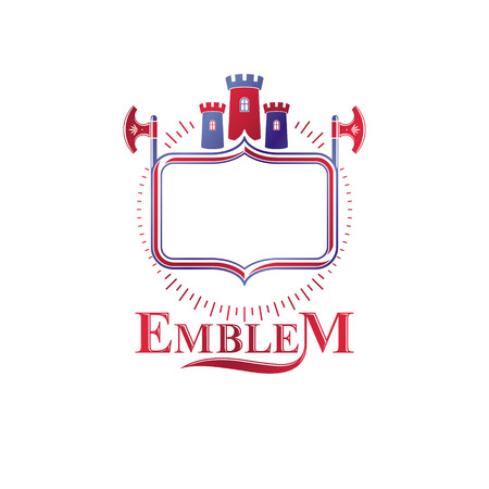 Ancient Bastion emblem. Heraldic vector design element with sharp hatchets. Retro style label, heraldry icon composed using medieval stronghold and luxury ribbon.のイラスト素材