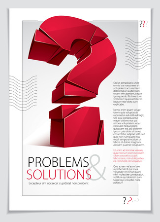 Broken Question Mark exploding brochure or flyer design, Query breaking to pieces, vector 3d realistic illustration. Special character conceptual symbol, doubt, difficulty, FAQ and support concept.のイラスト素材