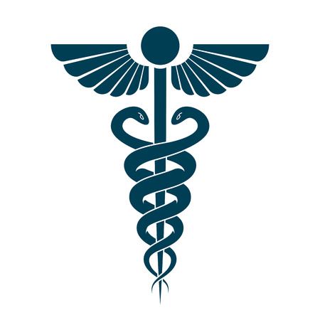 Aesculapius vector abstract emblem composed using wings and snakes best for used in pharmacy advertisement.のイラスト素材