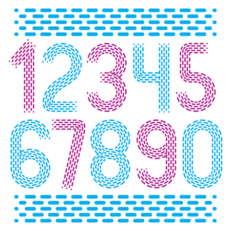 Vector numbers, modern numerals set. Rounded bold retro numeration from 0 to 9 can be used for logo creation. Made with parallel dashed lines.のイラスト素材