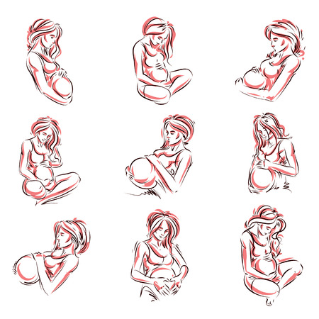 Set of pregnant female beautiful body outlines, mother-to-be vector drawn illustration. Happiness and caring theme. Mothers day.のイラスト素材