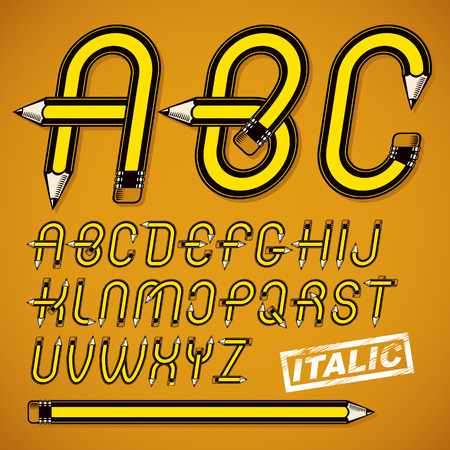 Vector capital alphabet letters collection made using office supplies design, wooden pencils. Can be used as logo design elements in copywriting business advertising.のイラスト素材
