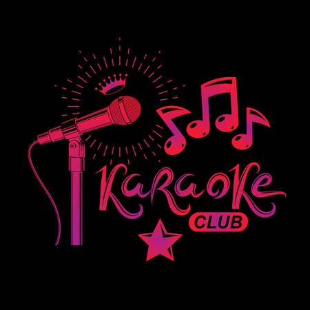 Nightclub karaoke advertising poster composed with stage or recorder microphone vector illustration and musical notes. Superstar performance advertising announcement.のイラスト素材