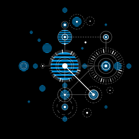 Bauhaus art composition, decorative modular blue vector wallpaper with circles and grid. Retro style pattern, graphic backdrop for use as booklet cover template.のイラスト素材