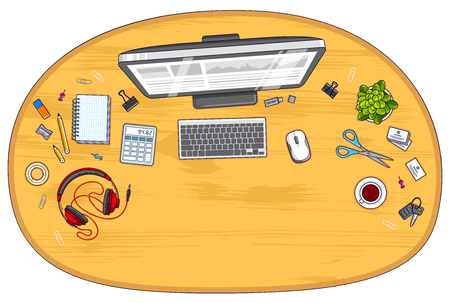 Wooden office employee or entrepreneur work desk workplace with PC computer and diverse stationery objects for work with copy space for text. All elements are easy to use separately. Vector.のイラスト素材