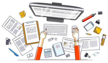 Business analysis, office worker or entrepreneur business woman working on a PC computer and papers with financial analytics, top view of work desk with stationery and documents and hands. Vector. のイラスト素材
