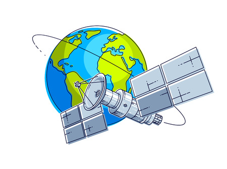 Satellite flying around earth, communication technology spacecraft space station with solar panels and satellite antenna plate. Thin line 3d vector illustration.のイラスト素材