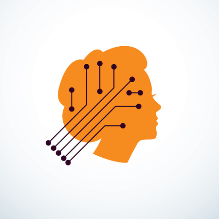 Computer human android bot, artificial intelligence concept. Human profile with electronics elements icon. Vector logo design. Smart software, idea of intelligent machines and digital mind.のイラスト素材