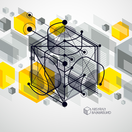 Trendy geometric vector pattern, textured abstract cube mesh yellow background. Technical plan, abstract engineering draft for use in graphic and web design.のイラスト素材