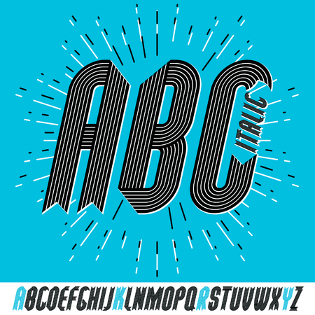 Set of ornate vector upper case English alphabet letters isolated. Trendy italic bold condensed font, script from a to z can be used in poster creation. Created using stripy, parallel lines.のイラスト素材