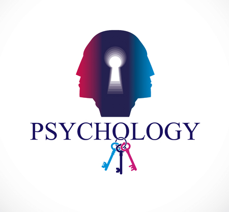 Psychology and mental health concept, created with double man head profile and keyhole, psychoanalysis as a key to human nature, individuality and archetype shadow. Vector logo or icon design.のイラスト素材