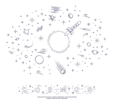 Fantastic galaxy with unknown weird undiscovered planets with stars, rockets and other elements. Explore universe, breathtaking science fiction. Thin line 3d vector illustration isolated.のイラスト素材