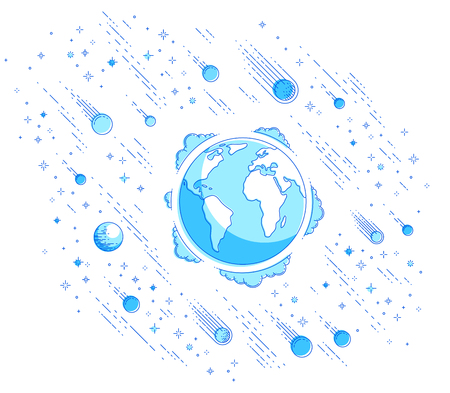 Small Earth in endless space surrounded by asteroids, comets, meteors, stars and other elements. Cosmos science theme. Thin line 3d vector illustration isolated on white.のイラスト素材