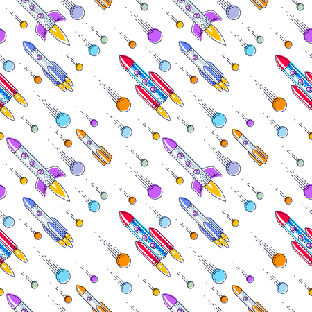 Seamless space background with rockets and comets, undiscovered deep cosmos fantastic and breathtaking textile fabric for children, endless tiling pattern, vector illustration cartoon motif.のイラスト素材