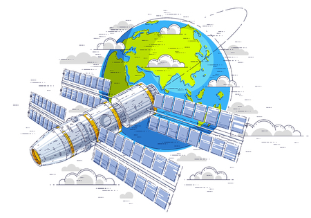 Space station flying orbital flight around earth, spacecraft spaceship iss with solar panels, artificial satellite. Thin line 3d vector illustration.のイラスト素材