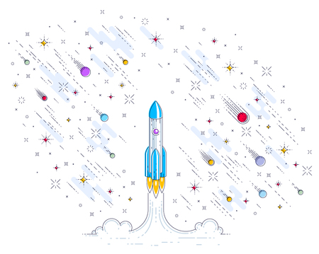 Rocket launch into undiscovered space, surrounded by meteor rain, stars and other elements. Explore universe, risky space science. Thin line 3d vector illustration isolated on white.のイラスト素材