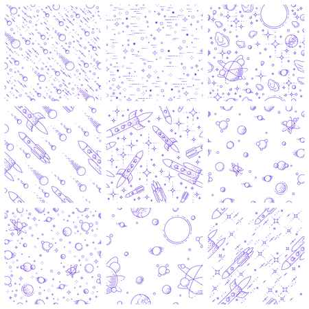 Space seamless background with rockets, planets, asteroids, comets, meteors and stars, undiscovered galaxy fantastic textile fabric for children, endless tiling pattern, vector illustration cartoon.のイラスト素材