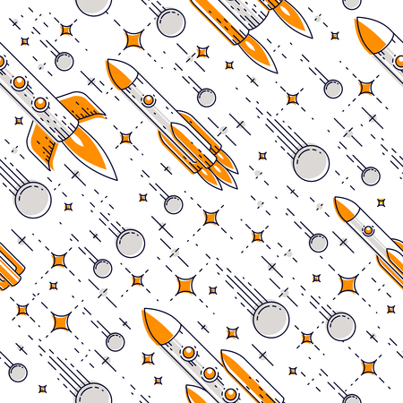 Space seamless background with rockets, stars and comets, undiscovered galaxy cosmic fantastic and interesting textile fabric for children, endless tiling pattern, vector illustration cartoon motif.のイラスト素材