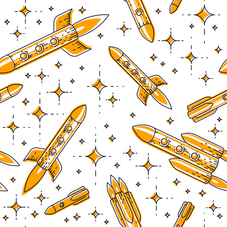 Space seamless background with rockets and stars, undiscovered galaxy cosmic fantastic and interesting textile fabric for children, endless tiling pattern, vector illustration cartoon motif.のイラスト素材