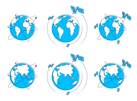 Global communication technology satellites flying orbital spaceflight around earth, spacecraft space stations with solar panels and satellite antenna plate. Thin line 3d vector illustrations set.のイラスト素材