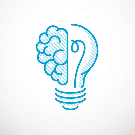Creative brain concept, intelligent creation vector logo. Light bulb with half of human anatomical brain. Bright mind, thinking and brainstorming idea icon.のイラスト素材
