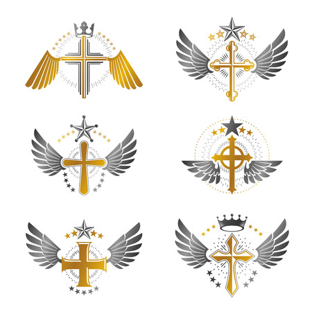 Christian Crosses emblems set. Heraldic Coat of Arms decorative logos isolated vector illustrations collection.のイラスト素材