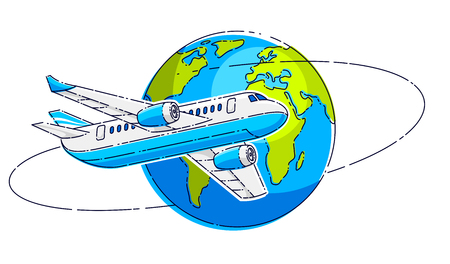 Plane airliner with earth planet, airlines air travel emblem or illustration. Beautiful thin line vector isolated over white background.のイラスト素材