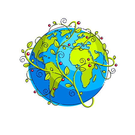 Planet earth with green leaves floral ornate design, vector emblem or illustration isolated on white. のイラスト素材