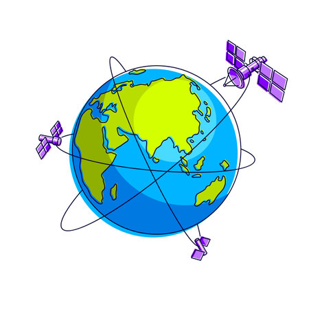 Global communication technology satellites flying orbital spaceflight around earth, spacecraft space stations with solar panels and satellite antenna plate. Thin line 3d vector illustration.のイラスト素材