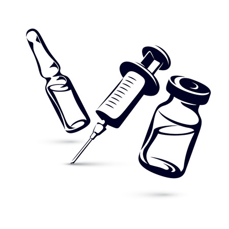 Vector graphic illustration of vial, ampoule with medicine and medical syringe for injections. Scheduled vaccination theme.のイラスト素材