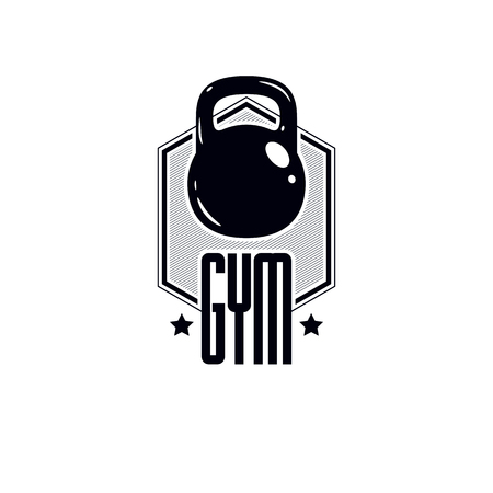 Bodybuilding weightlifting gym logotype sport club, vintage style vector emblem. With kettlebell.のイラスト素材